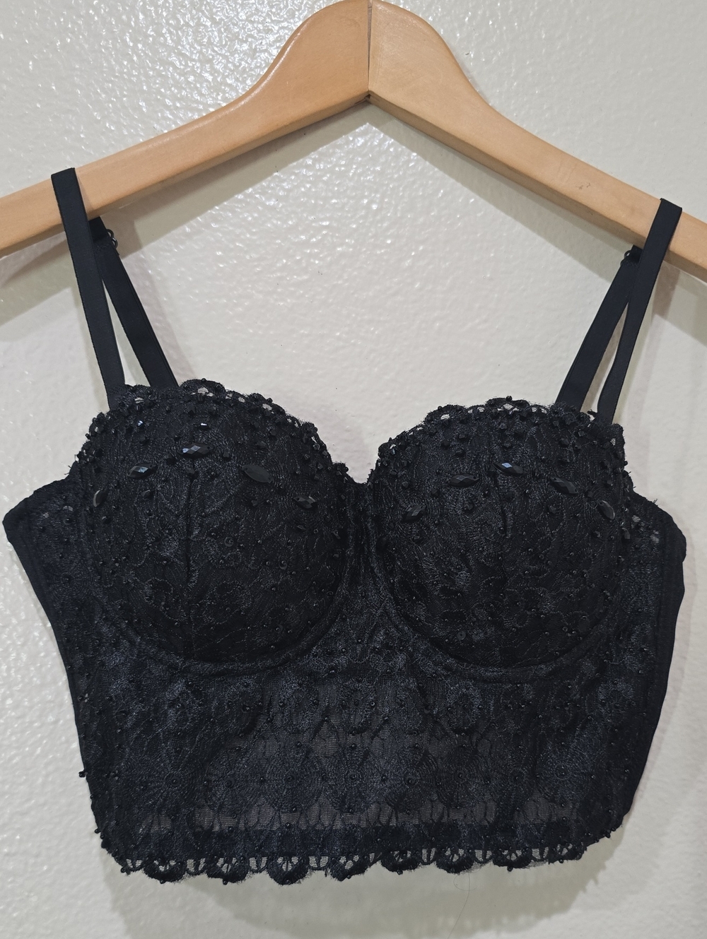 Windsor Black Lace Longline Bustier Bralette with Beaded Detail